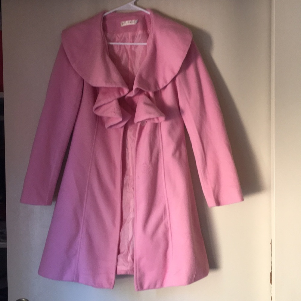 Pink Ruffle Collar One Button MidThigh Length Coat